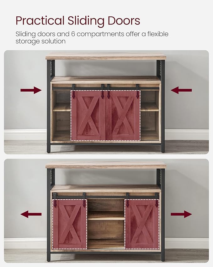 VASAGLE Buffet Cabinet, Coffee Bar Storage Cabinet, Sideboard with 2 Sliding Barn Doors, Adjustable Shelves, 13 x 39.4 x 31.5 Inches, for Living Room, Camel Brown and Ink Black ULSC092B50
