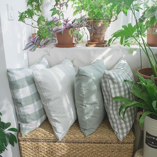 HOPLEE Farmhouse Sage Green Fall Pillow Covers 24x24 Cushion Cover with Buffalo Plaid, Solid Sage Green, Striped and Gingham Plaid Design 24x24 inch,4 Pack