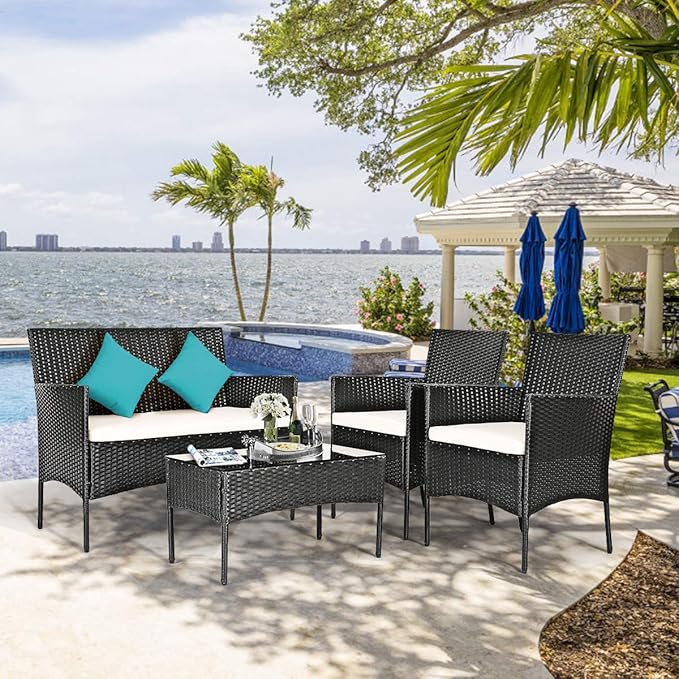 Tangkula 8 Piece Patio Furniture Set, Outdoor Wicker Conversation Set with Tempered Glass Coffee Table, Rattan Loveseat & Chairs Set with Seat Cushions for Backyard, Garden, Poolside (2, Beige)