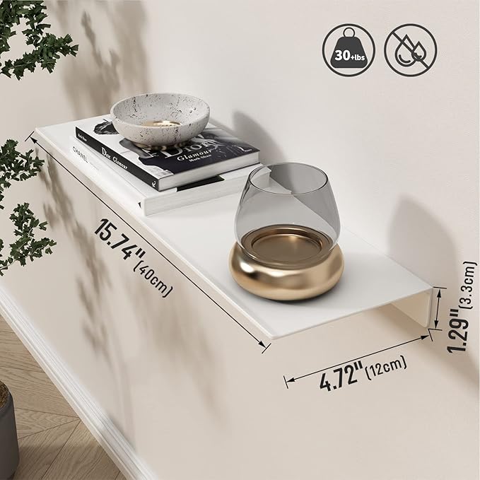 Danpoo White Floating Shelf for Wall Storage, Metal Wall Shelf for Living Room/Bathroom/Kitchen, Display Shelf for Collectibles, 16"