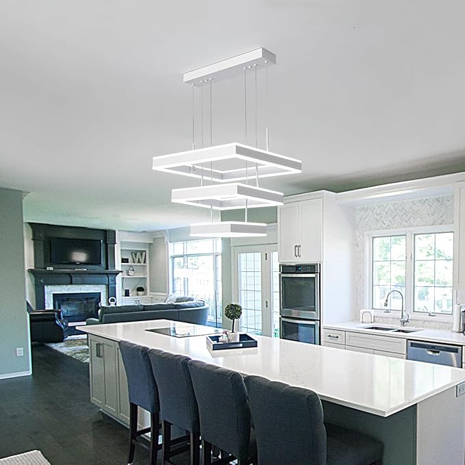 O'NEELDY Modern LED Chandeliers White Square Rings Pendant Light Fixture with Hanging Cord Flush Mount Square Modern Chandeliers for Kitchen Island Dining Room
