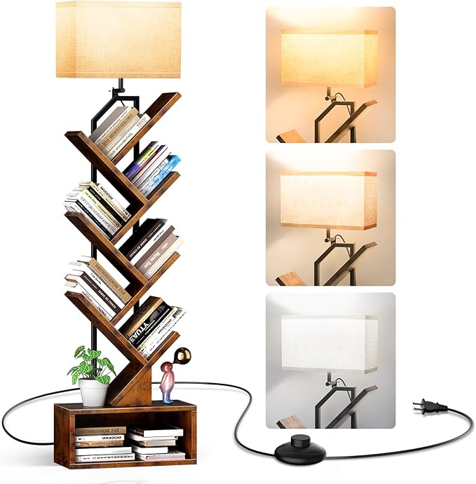 addlon 6-Tier Tree Book Shelf with LED Light, Steel&Wood Bookshelf with Storage Cabinet, Narrow Tall Bookcase with 3CCT Bulb, Small Bookshelf for Bedroom, Home Office&Living Room-Rustic Brown