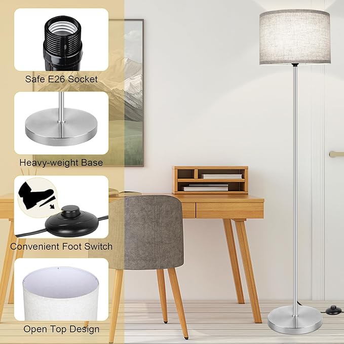 65‘’Modern Simple Floor Lamp Foot Switch, Silver Standing Lamp for Living Room with 3-Color Changing LED Bulb, Dimmable LED Floor Light for Bedroom Kid Office, Stand Up Lamp with Linen Shade, E26 Base