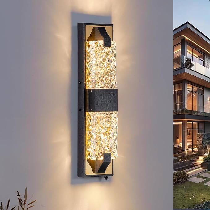 HITTO Dusk to Dawn Outdoor Lighting,18.8'' Porch Lights Outdoor IP65 Waterproof Exterior Lighting Fixtures 12W LED Ripple Crystal Modern Outdoor Light for House, Garage, Doorway, Patio,(Black&Gold)