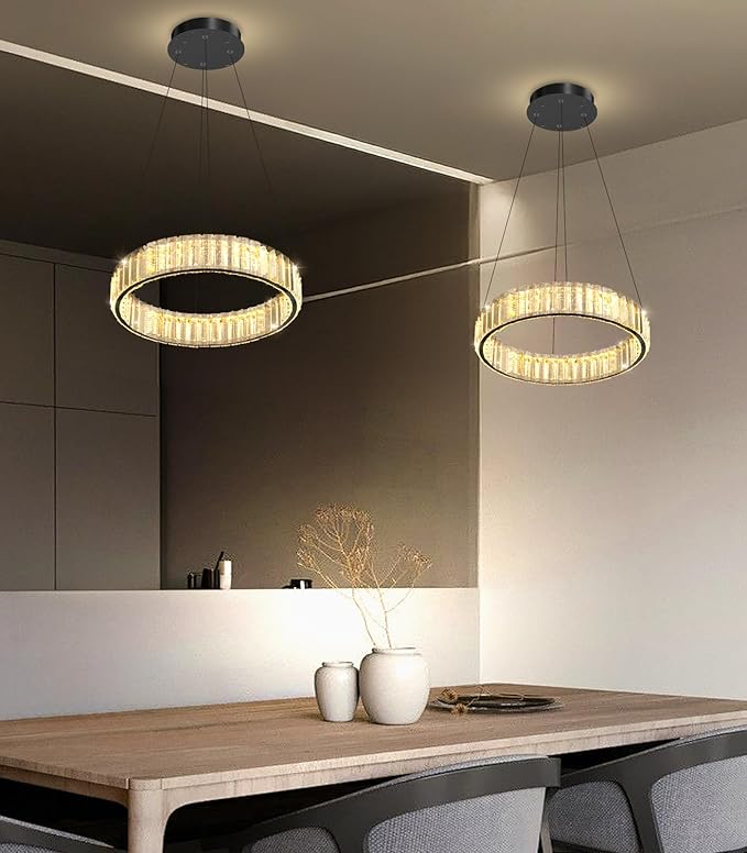 8'' Modern Ring Chandelier Crystal Chandeliers for Dining Room Round LED Dimmable Ceiling Light Fixture for Living Room Bedroom Lighting Black