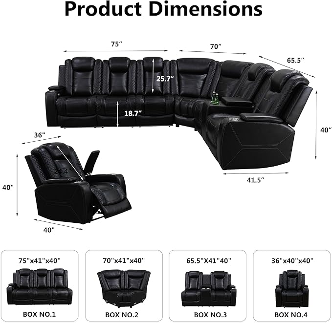 Air Leather Recliner Sectional Sofa Set, Power Reclining Sectional Couch for Living Room, L Shaped Recliner Corner Couch and Single Chair with LED Lighting, USB Port&Storage (Black Pro)