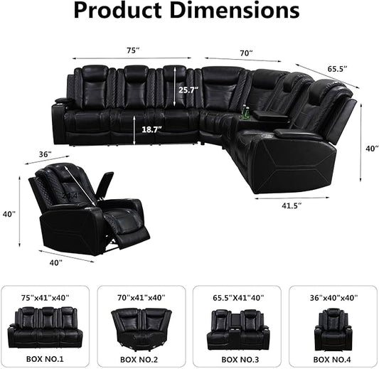 Air Leather Recliner Sectional Sofa Set, Power Reclining Sectional Couch for Living Room, L Shaped Recliner Corner Couch and Single Chair with LED Lighting, USB Port&Storage (Black Pro)