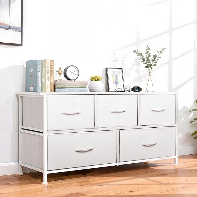 SHAWKEN Dresser for Bedroom with 5 Drawers,Fabric Dresser with One-Piece Steel Frame,Budget-Friendly Organizer for Closet, Hallway, Studio Apartment (Leather White)