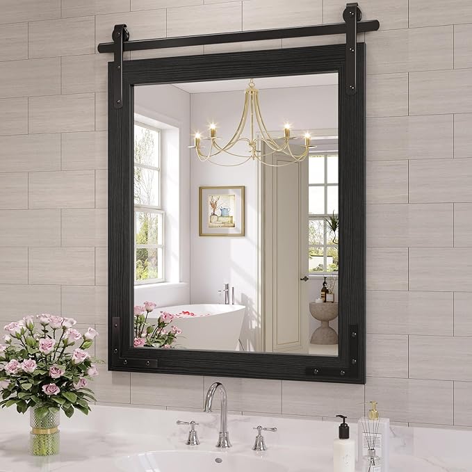 Farmhouse Bathroom Mirror, 28x32 Inch Black Vanity Mirror for Wall, Wood Framed Rustic Mirror Rectangular Wall Decor Mirrors for Entryway Living Room Bedroom