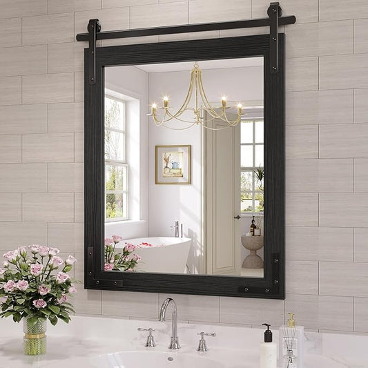 Farmhouse Bathroom Mirror, 28x32 Inch Black Vanity Mirror for Wall, Wood Framed Rustic Mirror Rectangular Wall Decor Mirrors for Entryway Living Room Bedroom
