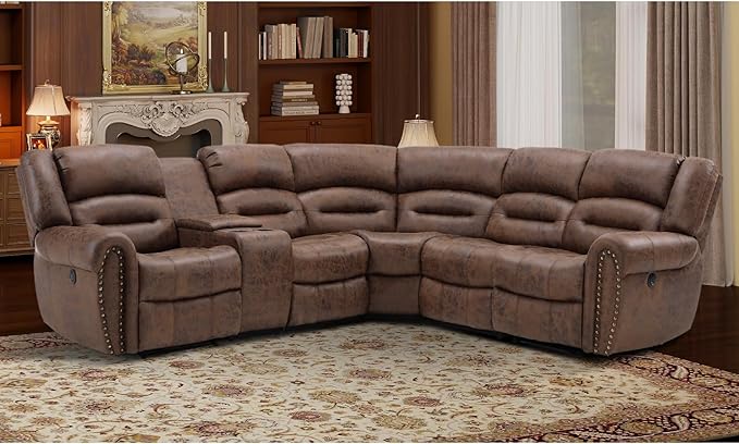 EBELLO Faux Leather Reclining Sectional Couches for Living Room, L-Shaped Power Recliner Sofa Set Corner Sectional Couch Home Furniture Set, with Storage Console, Cup Holders, USB Port, Coffee Brown