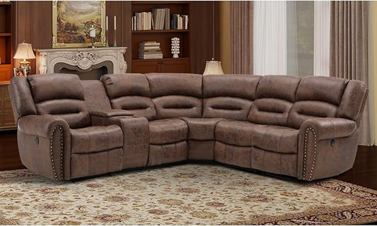 EBELLO Faux Leather Reclining Sectional Couches for Living Room, L-Shaped Power Recliner Sofa Set Corner Sectional Couch Home Furniture Set, with Storage Console, Cup Holders, USB Port, Coffee Brown