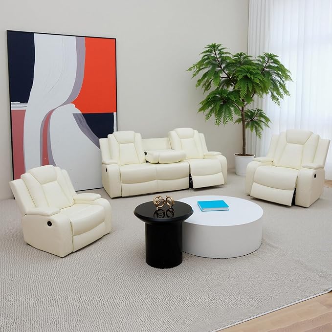 Power Recliner Sofa Set, Breathing Leather Reclining Couch Set, Leather Couch and 2 Recliner Chairs Set with LED Lights/Charging Ports/Storage for Home/Office (Creamy White, Sofa+2 Chairs)