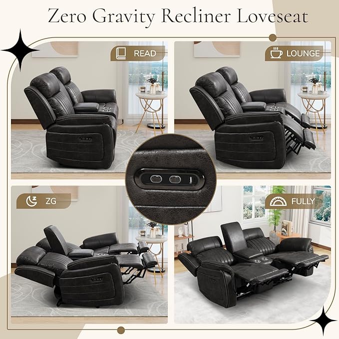 Power Reclining Sofa Set with Adjustable Headrest, Zero Gravity Electric Reclining Couch with USB/Type-C Ports, Power Loveseat Sofa Set for Living Room, Home Theater (Charcoal, Loveseat+Sofa)