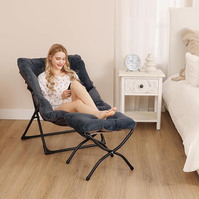Comfy Saucer Chair for Adults, Soft Faux Fur Bedroom Chair with Ottoman, Accent Dorm Chairs, Living Room Reading Chairs and Footstool, Folding Seat for Teens, X-Large, Navy Blue