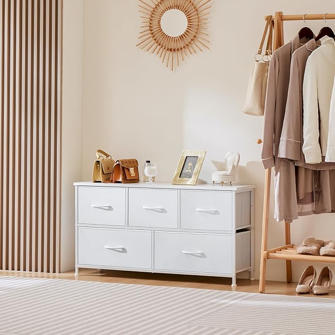 OLIXIS 5 Drawer Dresser Nightstand Classic White, Wooden Top Metal Frame Fabric Storage Organizer for Bedroom Living Room Entryway, Wide TV Stand Closet Chest Furniture