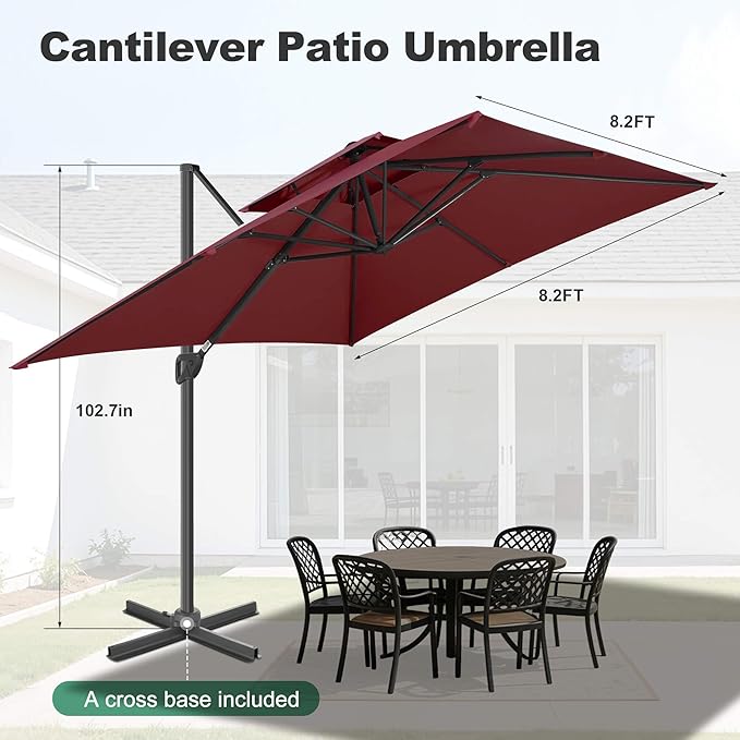 FLAME&SHADE 8.2 X 8.2 FT Cantilever Patio Umbrella - Large Offset Umbrella Outdoor Patio with 360-Degree Rotation and 3-Year Fade Resistance Fabric for Deck Pool Backyard Garden, Burgundy