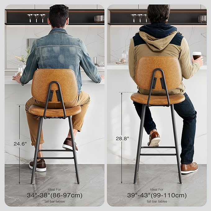 24-Inch Leather Bar Stools Set of 2, Counter Height Barstools with High Backrest，Bar Chairs for Kitchen Island with Heavy Duty Metal Legs, Brown