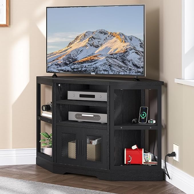 YITAHOME Corner TV Stand for TVs up to 50 Inch with Power Outlet, Modern Farmhouse Entertainment Center, Wood TV Media Console with Storage Cabinets Shelves for Living Room, 47" Black