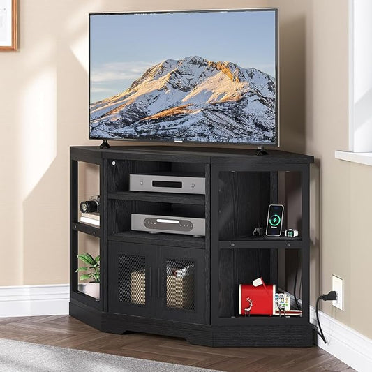 YITAHOME Corner TV Stand for TVs up to 50 Inch with Power Outlet, Modern Farmhouse Entertainment Center, Wood TV Media Console with Storage Cabinets Shelves for Living Room, 47" Black