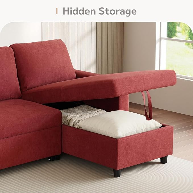 Yafylly L-Shaped Sleeper Sofa with Chaise Lounge & Storage, Pull-Out Couch Bed with Recliner, Full Size Futon for Living Room, Office, Apartment Red