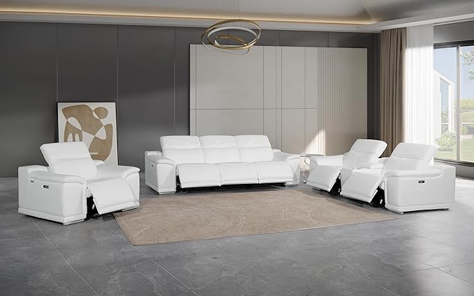 BlackJack Furniture Venice Top Grain Italian Leather Recliner 7 Seater 6 Power Reclining 3 Piece Sofa Set with Adjustable Headrests Modern Seating Sofa, Loveseat and Chair for Living Room , White