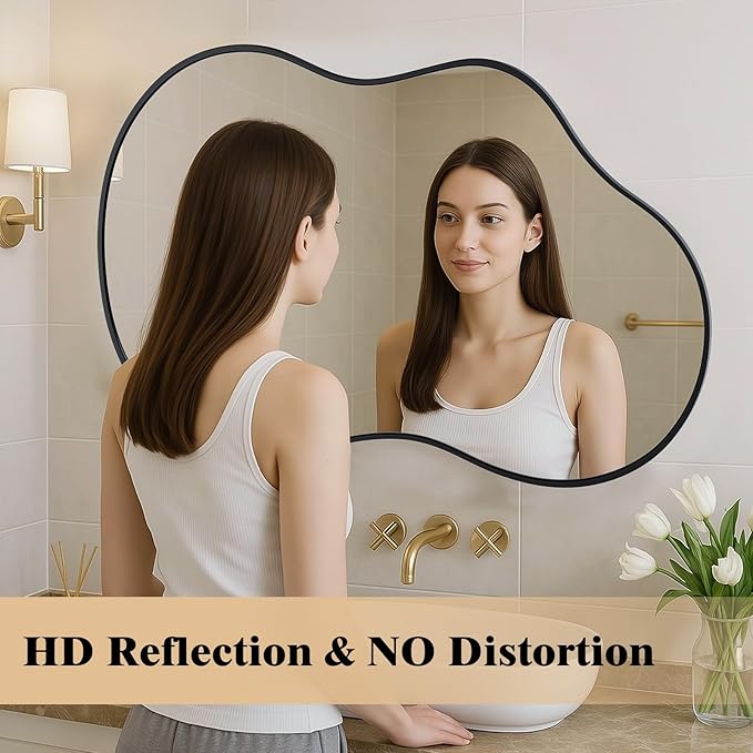 WEER Irregular Wall Mirror, 24x36 inch Black Asymmetrical Wall Mounted Mirrors Decorative, Abstract Wavy Aluminum Alloy Frame for Bathroom, Bedroom, Living Room, Entryway