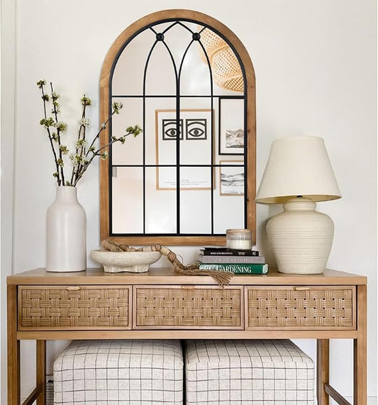 Farmhouse Wooden Arched Mirror, Decorative Arch Mirror Wall Decor, Rustic Window Pane Mirrors, Wood Framed Wall Mirrors for Entryway, Living Room
