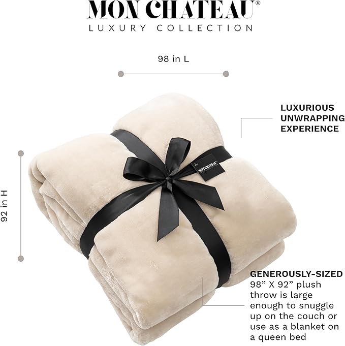 Mon Chateau 98" x 92" Haven Reversible Flannel Throw Blanket for Couch, Sofa, or Queen Size Bed, Luxury Over-Sized Ultra Soft Plush Blanket for Sleeping or Home Decor, Oatstone