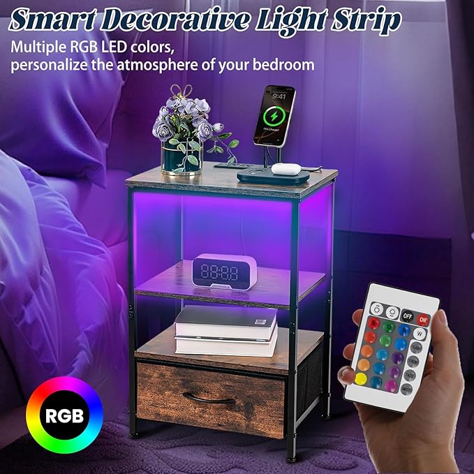 Night Stand with Charging Station, Bedside Table with Adjustable Fabric Drawers, End Table with LED Lights, Side Table with USB Ports Open Shelf for Bedroom, Brown