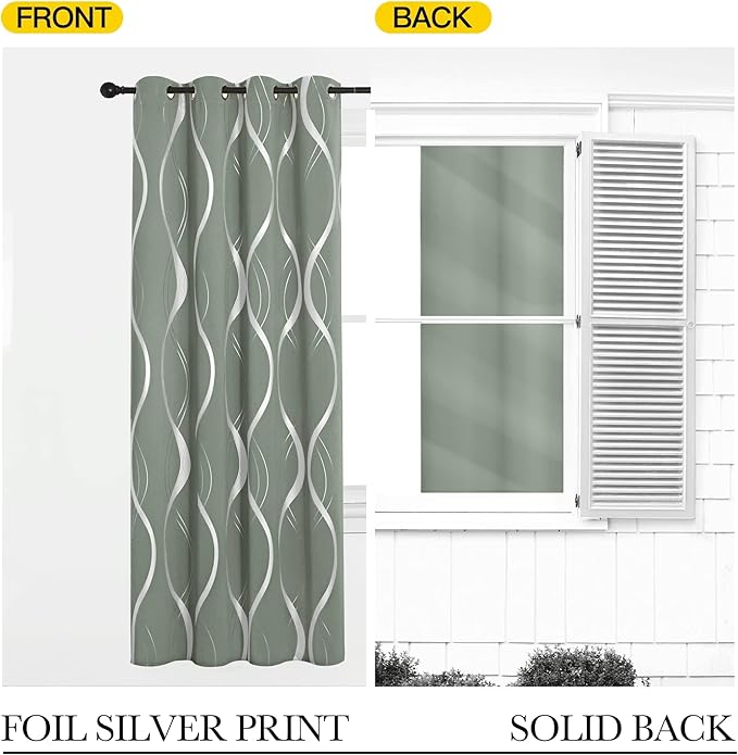 NICETOWN Greyish Green Curtain Panels for Vintage Bedroom, 52 x 84 inch, Thermal Insulated Wave Line Foil Print Design Drapes for Patio Sliding Glass Door Spring Home Decor, 2 Panels