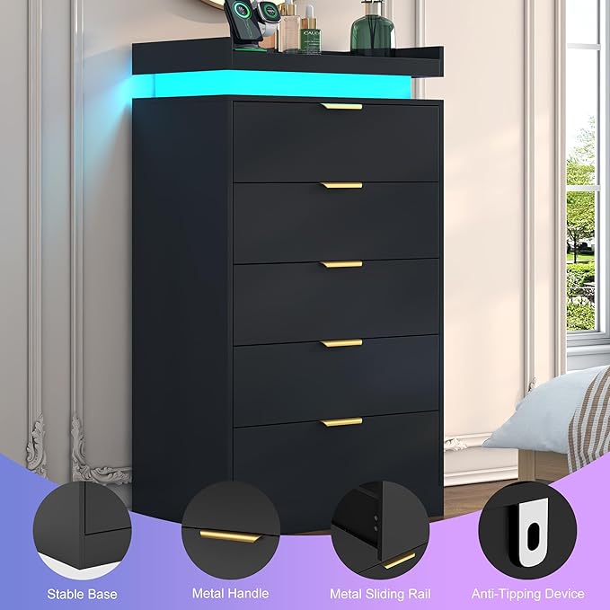 Tall Dresser for Bedroom, Black Dresser with LED Lights, Wood 5 Drawer Chest with Power Outlet, Modern Tall Chest of Drawers for Bedroom, Entryway, Hallway