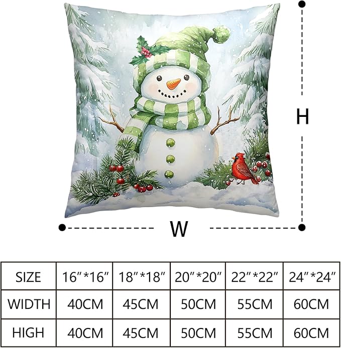 Set of 2 Winter Pillow Covers 18x18 Green Snowman Pine Tree Holly Berry Cardinal Bird Throw Pillow Covers Holiday Pillow Case for Home Decor Couch Sofa