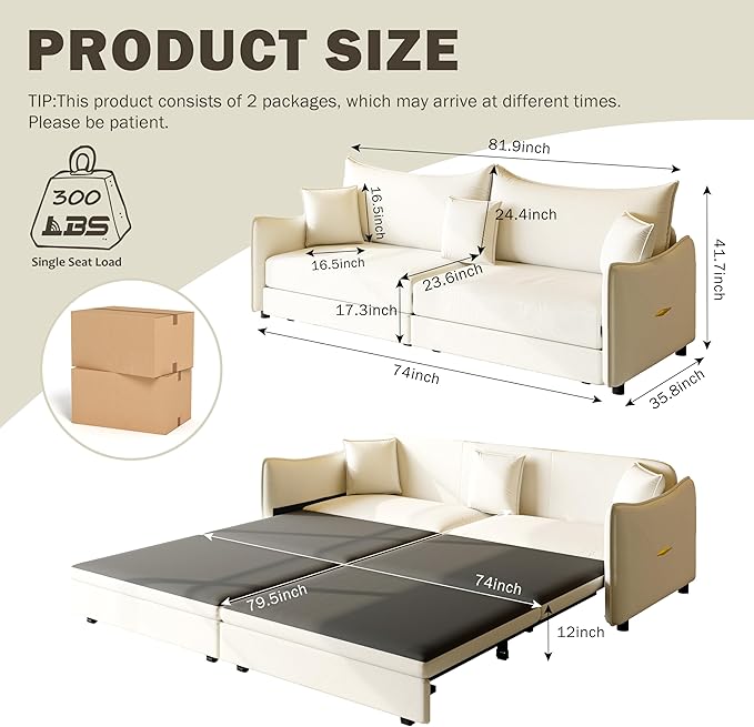 Eafurn 82" Oversized Loveseat Convertible Pull Out Sleeper Sofa Couch Bed King Size, 3-in-1 Sleeper Loveseat Sofa Lounge Chaise with Pull Out Bed and Curved Armrest | Removable Cushions