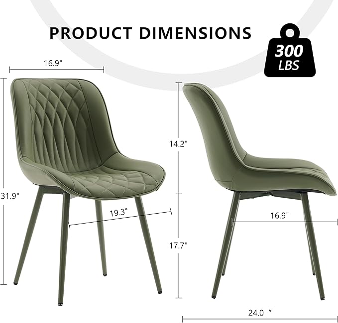 YOUNIKE Olive Green Faux Leather Dining Chairs Set of 2 Mid-Century Modern High Padded Back Comfy Upholstered Kitchen Chairs with Metal Legs Wide Seat Accent Side Chair for Dining/Living/Waiting Room