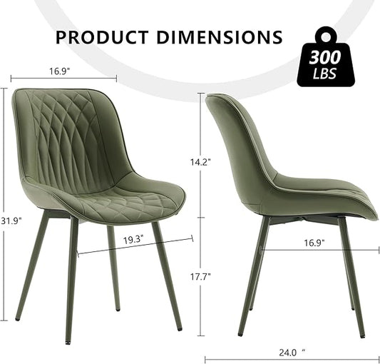 YOUNIKE Olive Green Faux Leather Dining Chairs Set of 2 Mid-Century Modern High Padded Back Comfy Upholstered Kitchen Chairs with Metal Legs Wide Seat Accent Side Chair for Dining/Living/Waiting Room