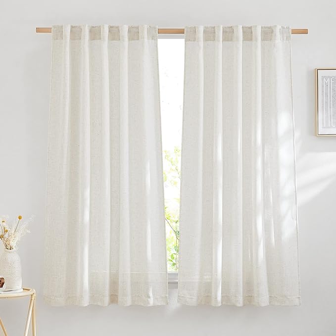 NICETOWN Linen Burlap Bedroom Curtains Natural, Rustic Rod Pocket & Back Tab Semi Sheer Flax Linen Weve Drapes Privacy with Light Filtering Window Treatmentes for Nursery, W37 x L60, Set of 2