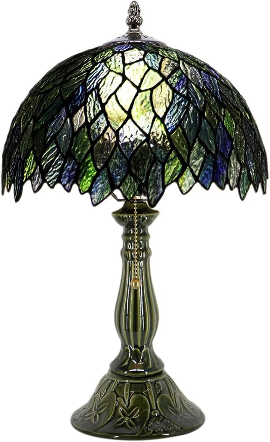 Tiffany Lamp Stained Glass Table Lamps Multicolor Leafage Style Desk Lamp 12X12X18.5 Inch Bronze Ceramic Base Reading Light Suitable for Bedside Bedroom Living Room Dining Room Office