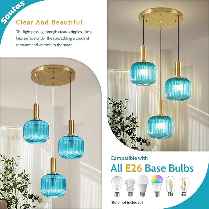 3-Light Pendant Chandelier Gold Cluster Pendant Lighting Blue Glass Pendant Lights Kitchen Island Lights Ceiling Hanging Modern Dining Room Pendant Light Fixtures Over Table