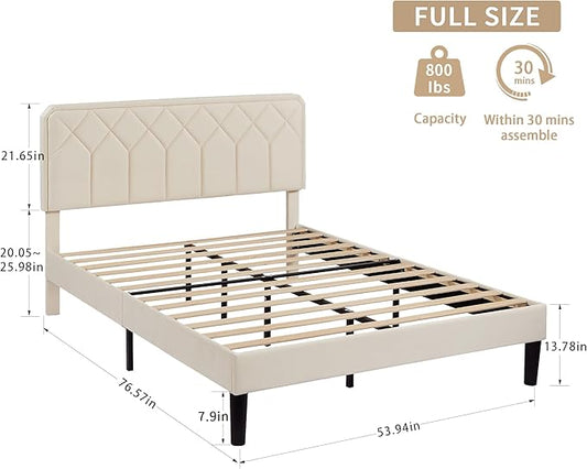 VECELO Full Size Bed Frame Premium Velvet Upholstered Platform with Height Adjustable Headboard/Mattress Foundation, Solid Wooden Slat Support, No Box Spring Needed/Easy Assembly