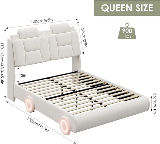 Keyluv Queen Led Car Bed Frame with Wheels Decor & Adjustable Curved Headboard Modern Upholstered Platform Bed with Detachable Pillows Solid Wooden Slats Support No Box Spring Needed, Velvet Beige