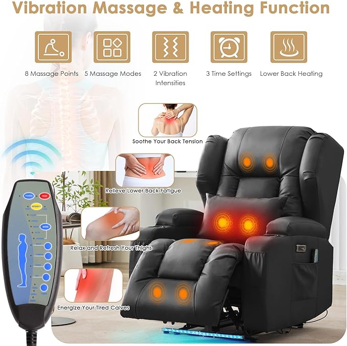 SAMERY Power Recliner Chair, Electric Wall Hugger Recliner Chair Reclining Sofa Home Theater Seating for Living Room with Massage & Heat, USB, LED Lights, Cup Holders, Side Pockets, Lumbar Pillow | 1-Inch Wall Hugger, Extra Wide Seat, Full Body Comfort...