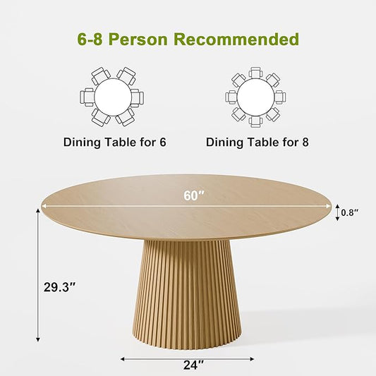 Casaphoria 60" Round Dining Table, Modern Wood Kitchen Table with Cone Grating Bar Base for Living Room & Dining Room, Easy Assembly Farmhouse Furniture for 4-6, Oak
