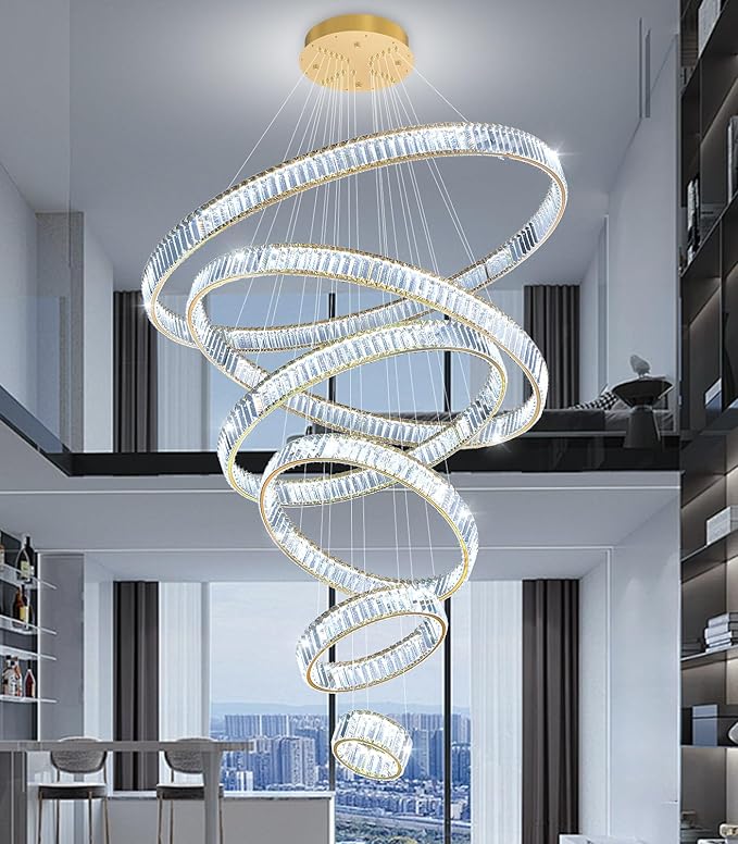 Large Ring Chandelier Modern Crystal Chandeliers for High Ceiling Round LED Dimmable Ceiling Light Fixture for Foyer Long Stair Gold 8''+16''+24''+32''+40''+47''