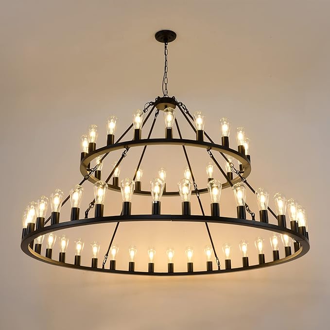 Wagon Wheel Chandelier 2 Tier 54-Light 60-inch, Farmhouse Industrial Chandelier Black Rustic Pendant Light Fixture Extra Large for High Ceilings, Living Room Foyer