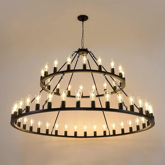 Wagon Wheel Chandelier 2 Tier 54-Light 60-inch, Farmhouse Industrial Chandelier Black Rustic Pendant Light Fixture Extra Large for High Ceilings, Living Room Foyer