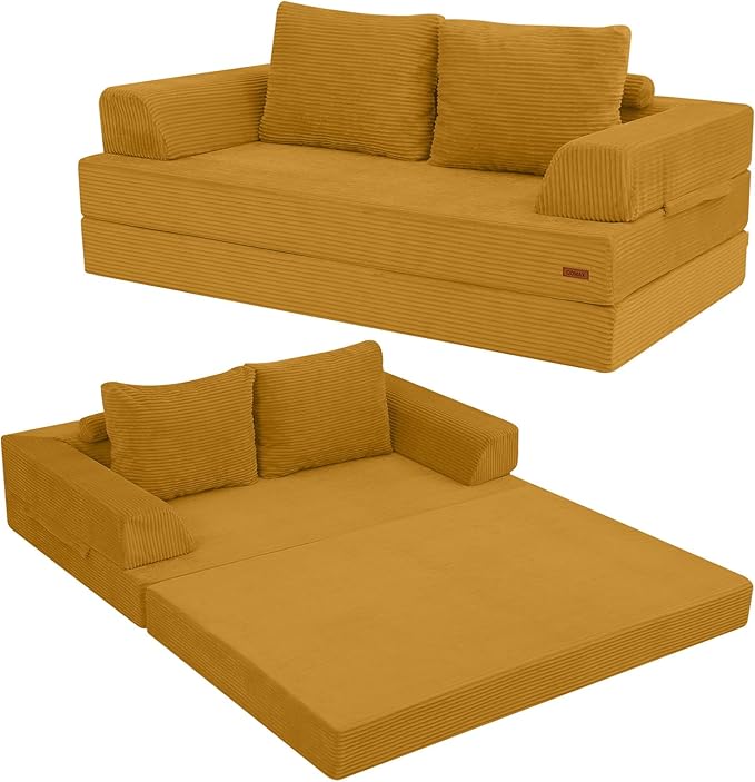 COMAX Futon Sofa Bed, Convertible Folding Sofa Bed, Boneless Couch Loveseat Corduroy with Pillows, Small Foldable Floor Couch Comfy Lounge Sleeper for Living Room Bedroom, Orange