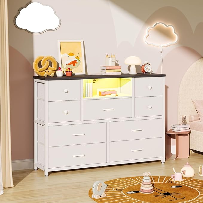 NONGSHIM Dresser with Charging Station and LED Lights, Long Dressers for Bedroom Dresser TV Stand with 9 Drawers, Fabric Chest of Drawers with PU Finish, Wide Dressers Storage Organizer, White+Walnut