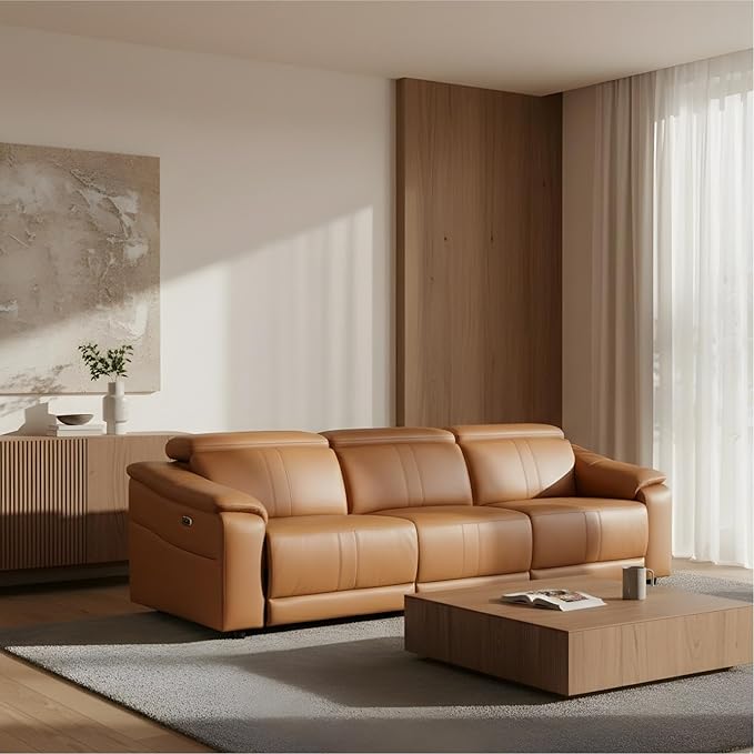 Breathing Leather Recliner Sectional Sofa, Reclining Sectional Couch with Adjustable Headrest&Storage Console, L Shaped Couch with Dual Recliner for Living Room (Three Seater Sofa)
