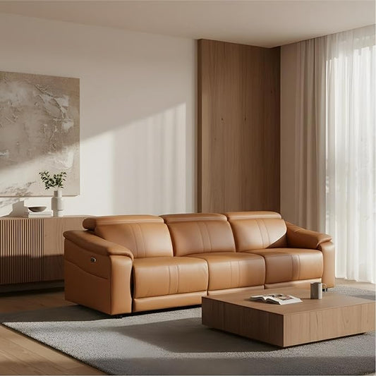 Breathing Leather Recliner Sectional Sofa, Reclining Sectional Couch with Adjustable Headrest&Storage Console, L Shaped Couch with Dual Recliner for Living Room (Three Seater Sofa)